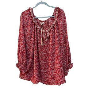 2/$30 Max Studio Blouse Womens 2X Red Floral Boho Peasant Tassel Long Sleeve Top